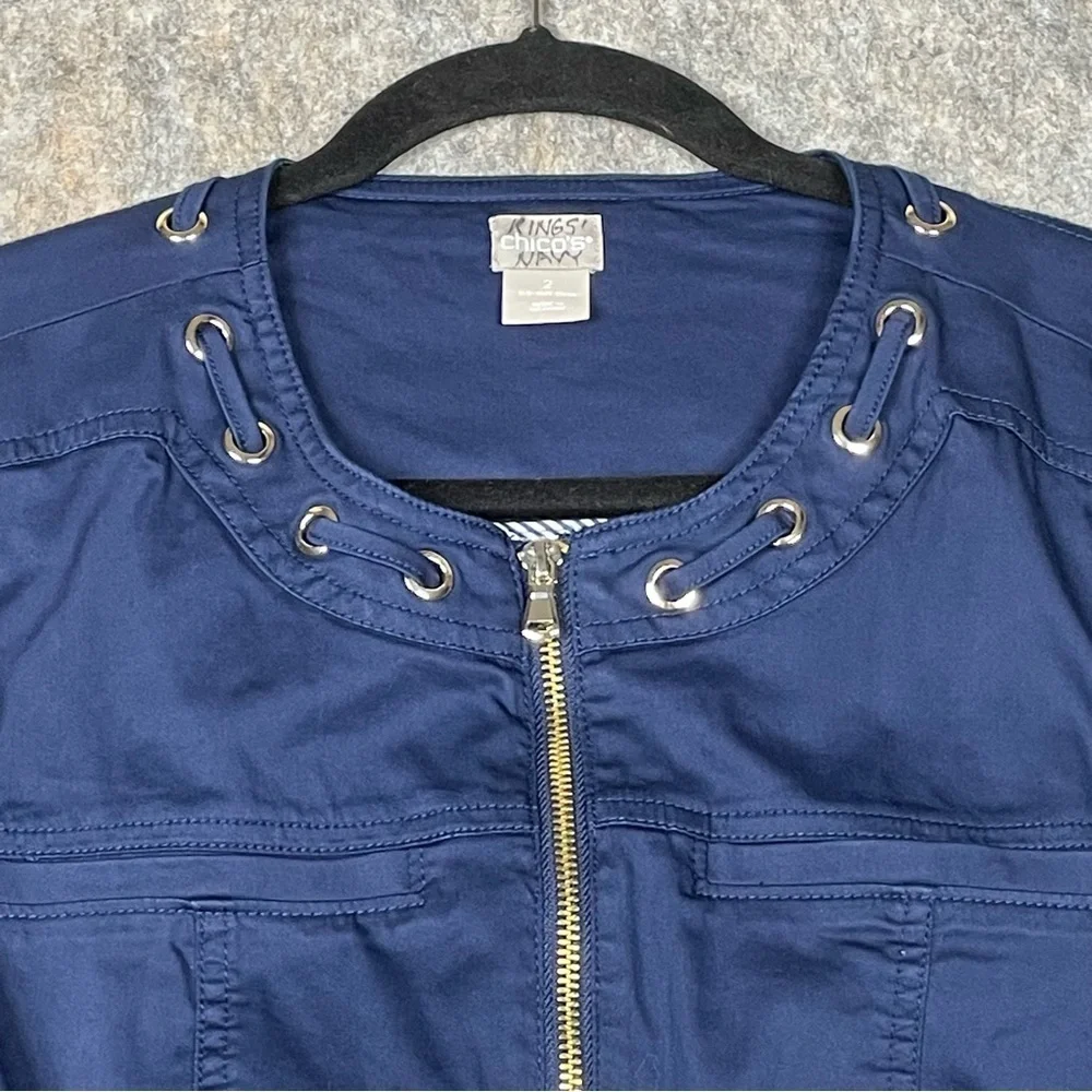 Chicos Navy Blue Nautical Stylish Lightweight Utility Zip Up Jacket - Sz 12/L